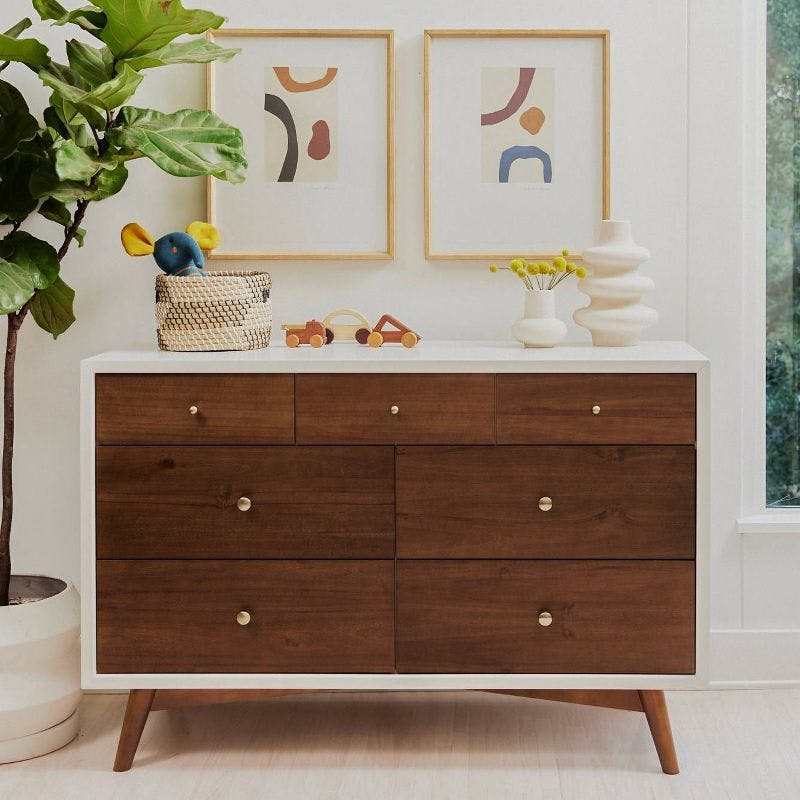 Warm White and Natural Walnut Mid-Century Double Dresser with Tapered Legs