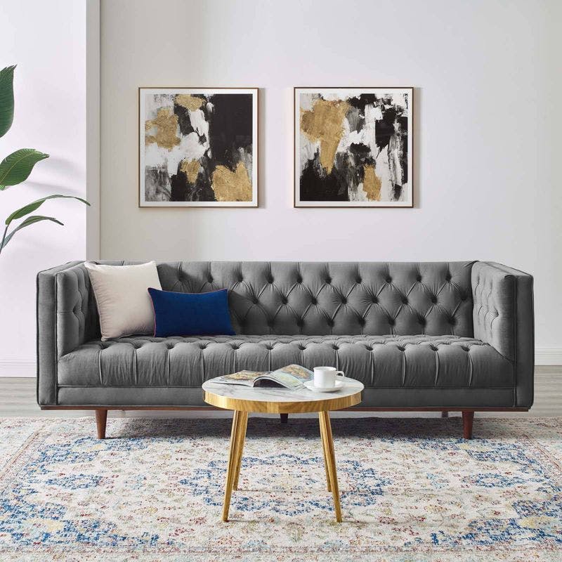 Elation 90.5'' Gray Faux Leather Tufted Sofa with Wood Frame