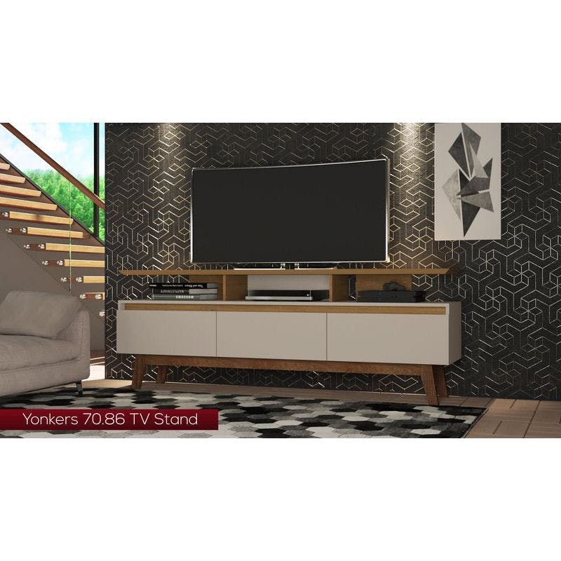 Mid-Century Modern White TV Stand with Open & Concealed Storage, 70.86"