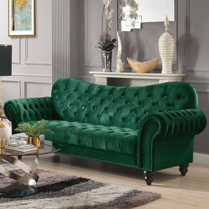 Elegant Blue Velvet Chesterfield Loveseat with Nailhead Trim and Rolled Arms