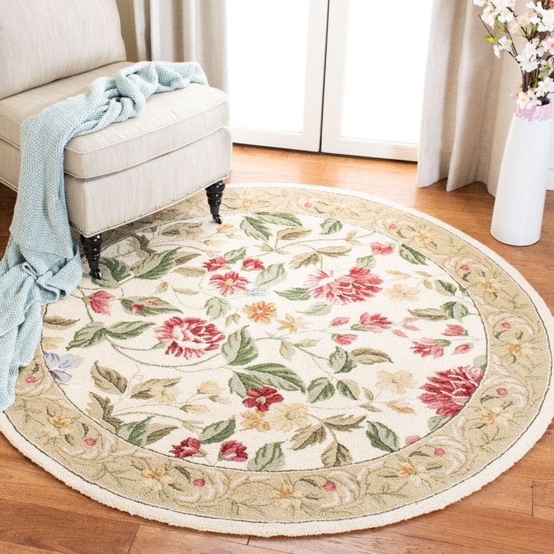 Ivory Floral Elegance Hand-Knotted Wool Round Rug, 3' Diameter