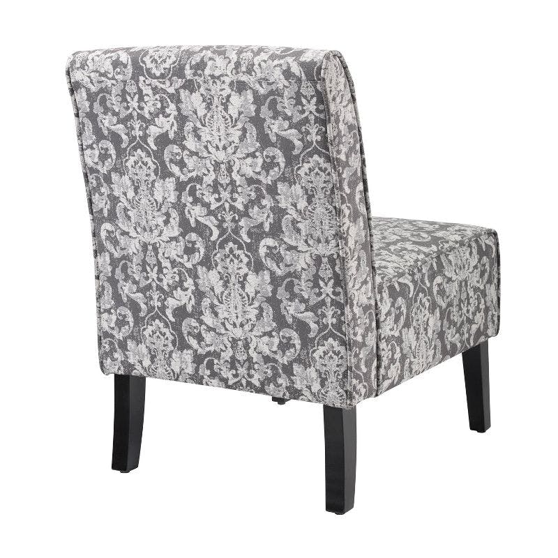 Elegant Gray Damask Slipper Chair with Sturdy Wood Frame