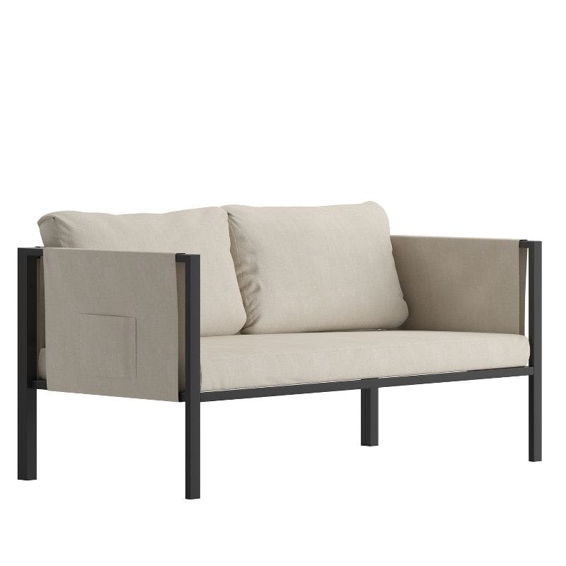 Sophisticated Steel Frame Outdoor Loveseat with Light Gray Cushions and Storage