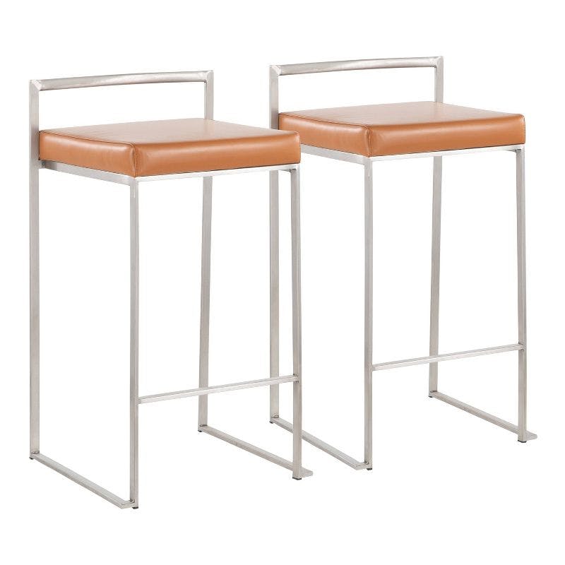 Sleek Fuji Stackable Counter Stools in Stainless Steel and Camel Faux Leather