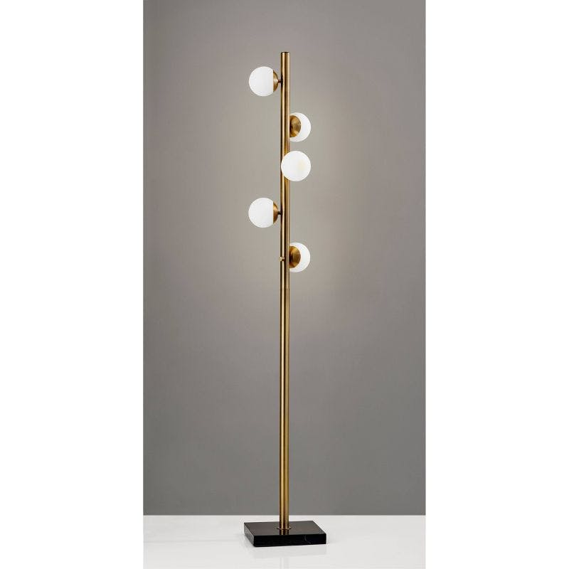 Mid-Century Antique Brass LED Tree Floor Lamp with White Opal Shades