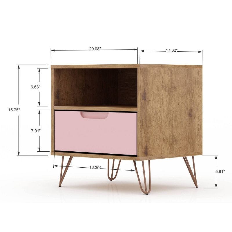 Mid-Century Rose Pink & Natural Nightstand with Metal Legs