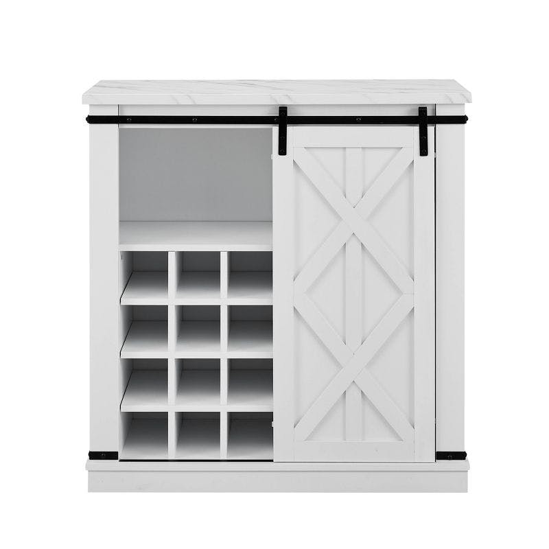 Festivo 37" White Wood Barn Door Buffet Bar Cabinet with Marble Pattern Top