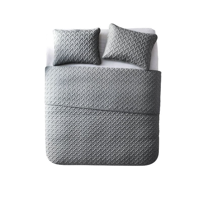 Elegant Gray Microfiber Reversible Quilt Set, Full/Queen Size