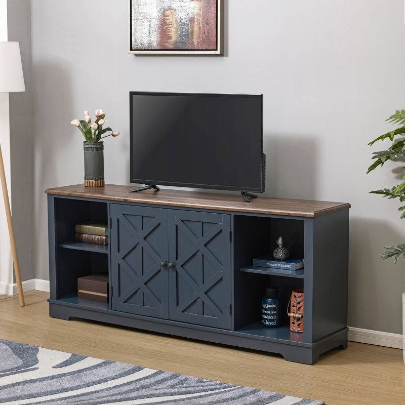 Ranch Rustic Navy 70" TV Stand with Cabinet and Open Shelves