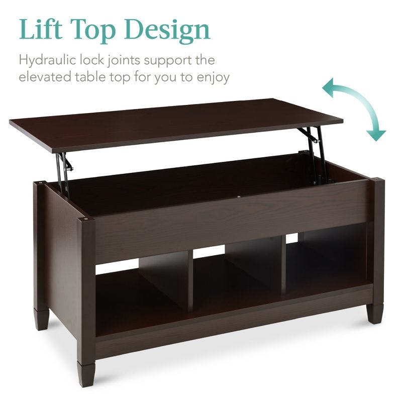 Espresso Lift-Top Coffee Table with Hidden Storage and Cubbies