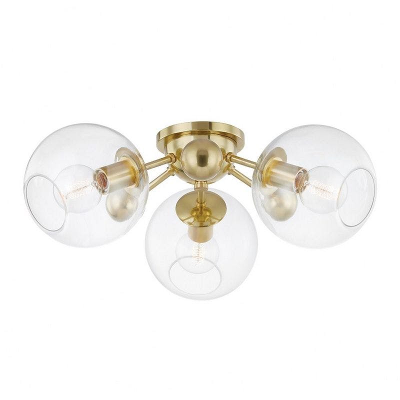 Aged Brass Globe 3-Light Semi-Flush Ceiling Fixture with Clear Glass