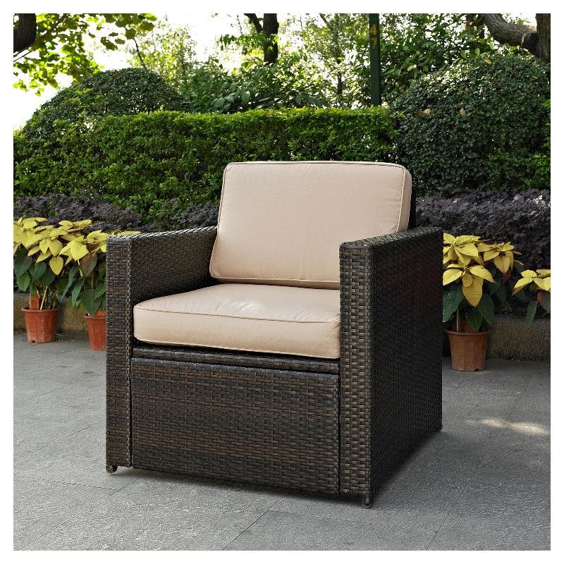 Palm Harbor Sand and Brown Outdoor Wicker Armchair with Cushions