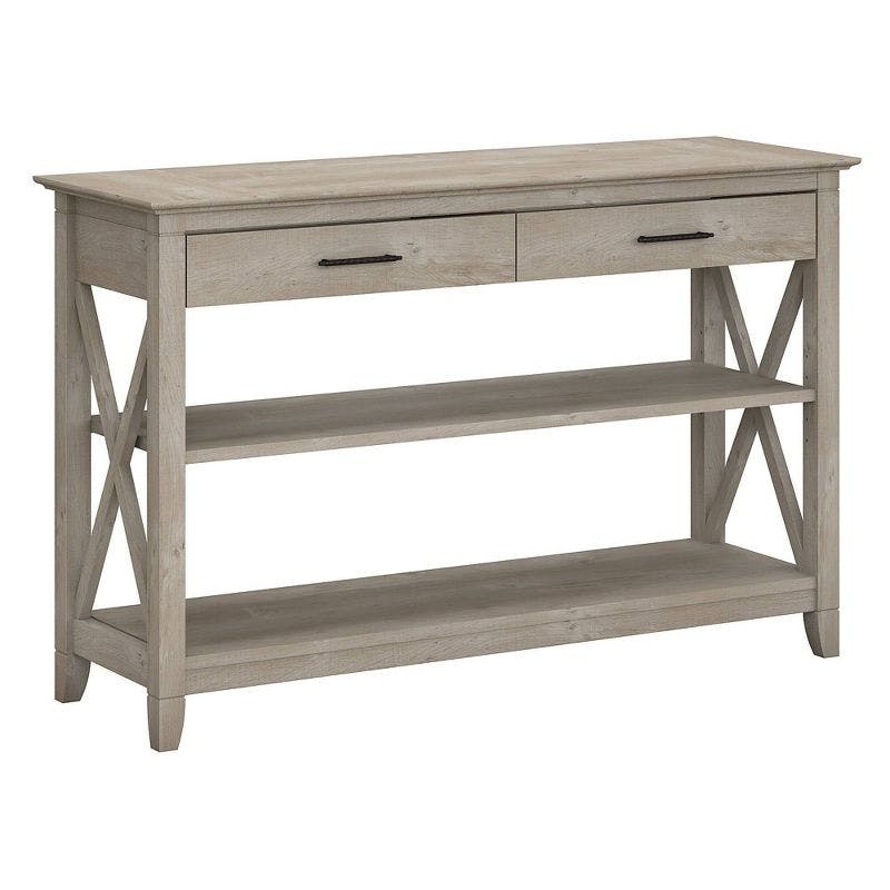 Washed Gray Farmhouse Console Table with Storage and X Pattern Accents