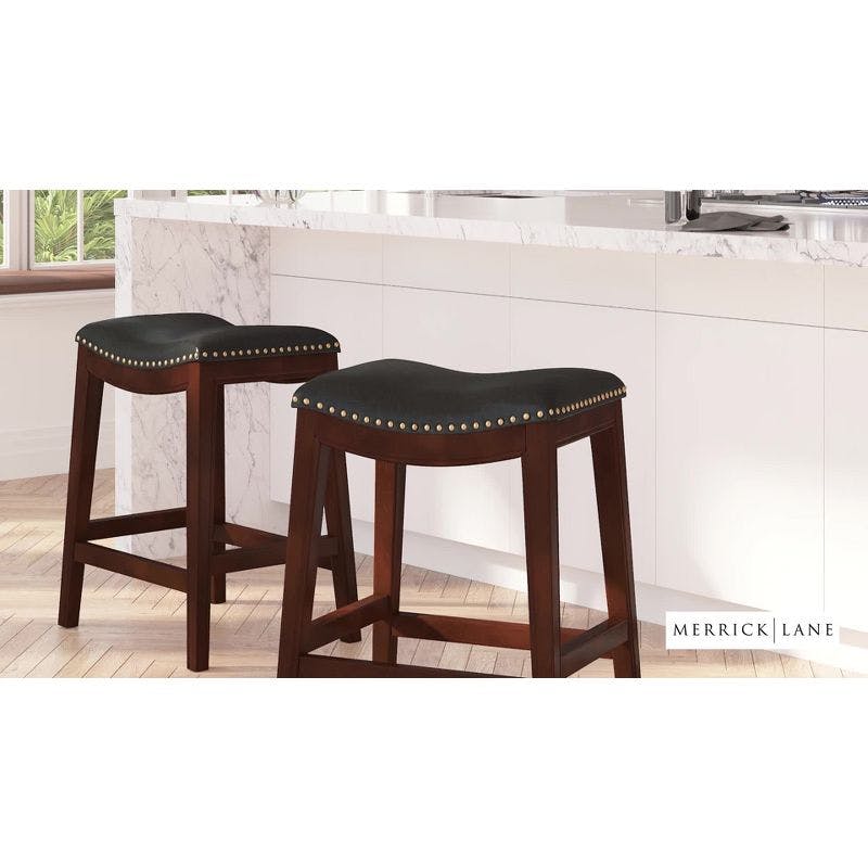 Cappuccino Finish Wood & Black Leather 44" Saddle Style Backless Counter Stool