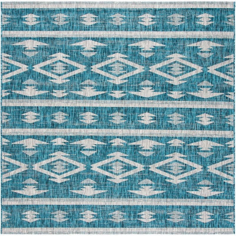 Square Easy-Care Teal & Grey Synthetic Outdoor Rug - 6'7"