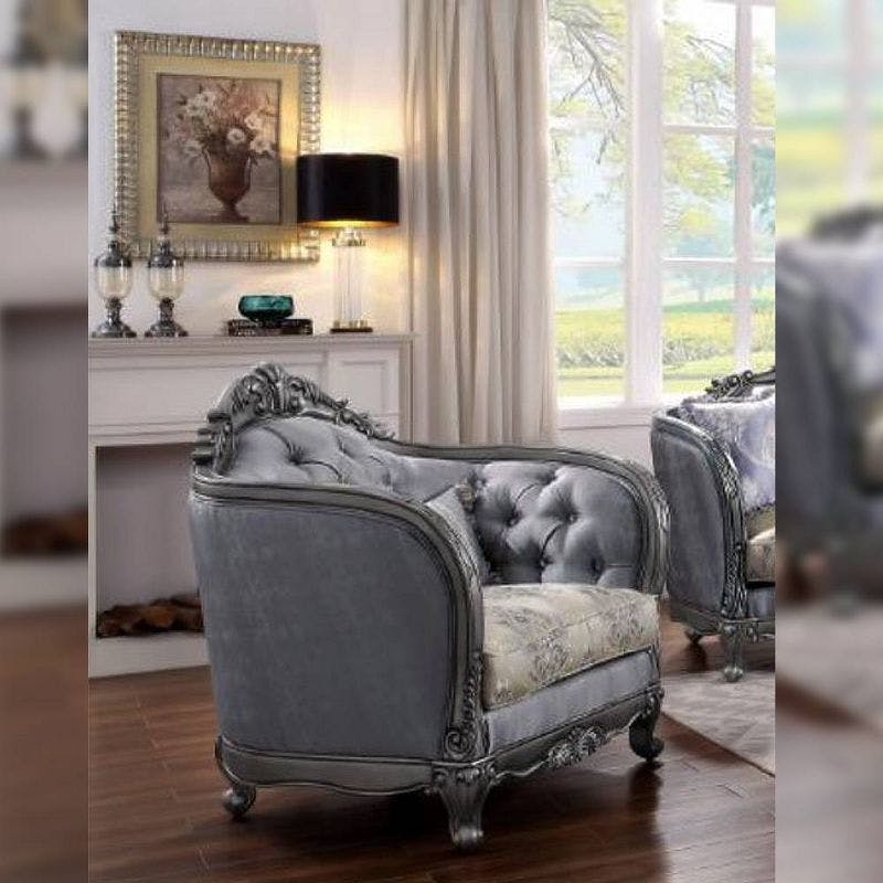Ariadne Platinum Gray Floral Accent Chair with Carved Wood Detail