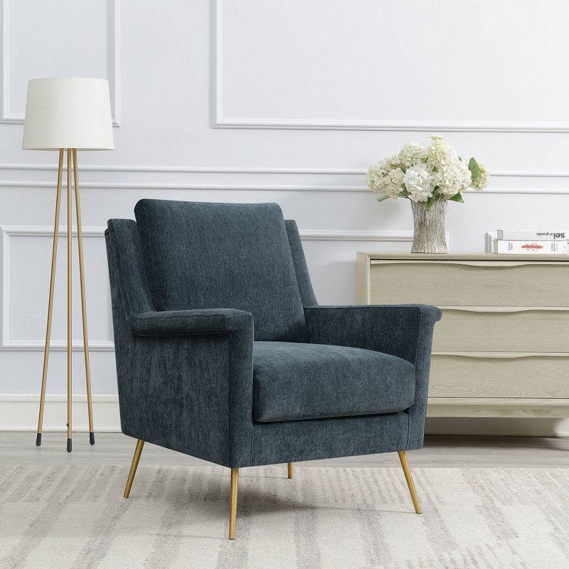 Mid-Century Slate Blue Accent Chair with Gold Legs