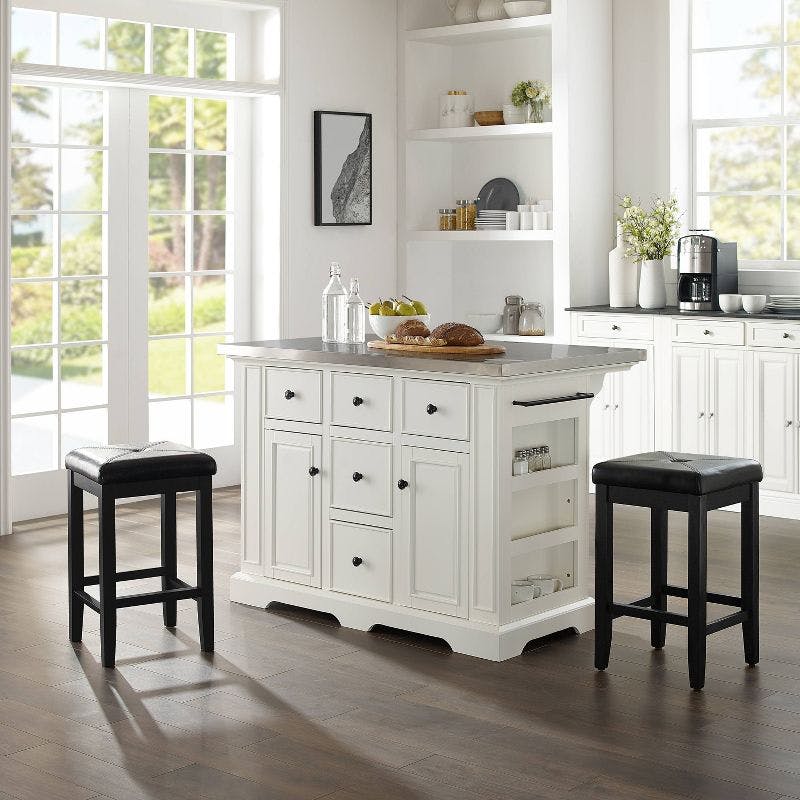 Elegant Julia White and Black Kitchen Island Set with Stainless Steel Top and Upholstered Stools
