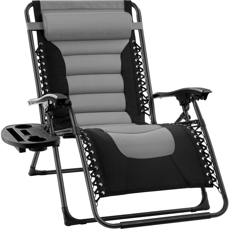 Oversized Padded Zero Gravity Lounger with Side Tray in Gray/Black