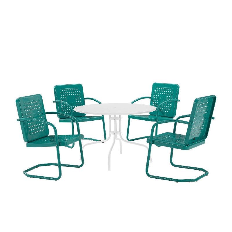 Vintage Turquoise Metal 5pc Outdoor Dining Set with Basket Weave Chairs