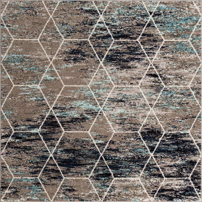 Beige and Blue Trellis Square Indoor Synthetic Rug