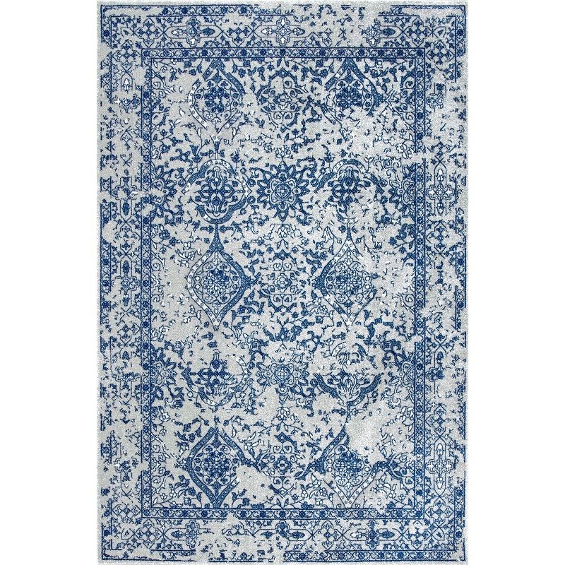 Light Blue Floral Reversible Square Synthetic Area Rug, 6'
