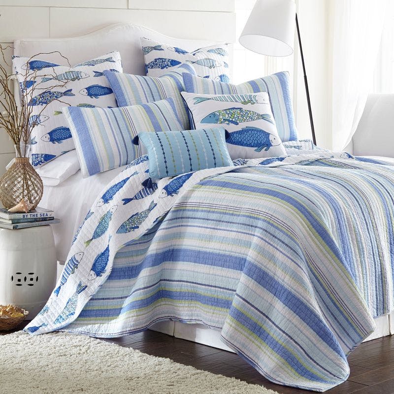 Catalina Coastal Twin Quilt Set with Reversible Fish Print in Blue and Green