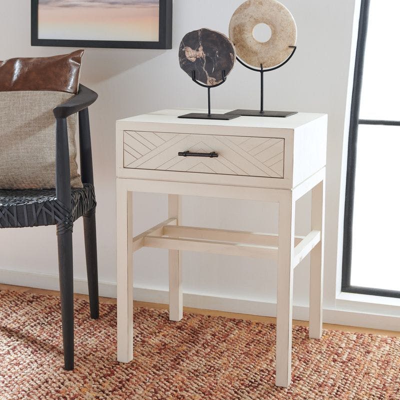 Chevron-Inspired Distressed White Wood & Metal Accent Table with Storage