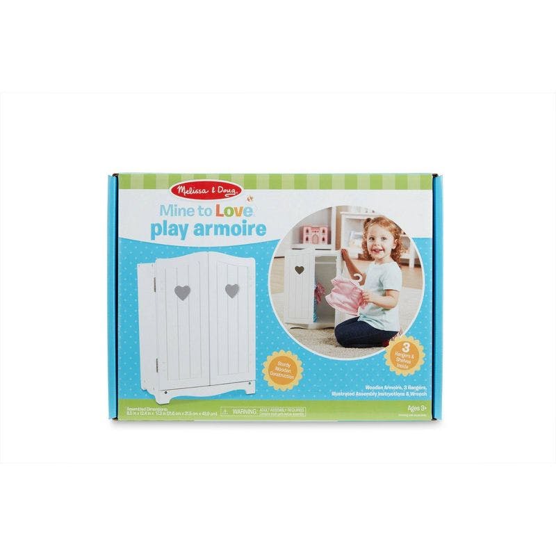 Modern White Wooden Doll Armoire with Shelves and Hangers