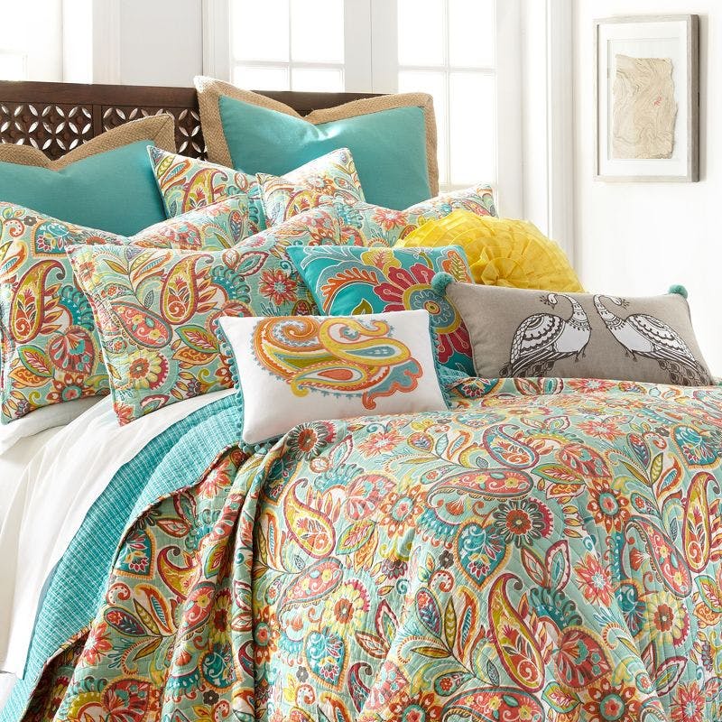 Bright Paisley and Teal Zig-Zag Full Cotton Quilt Set