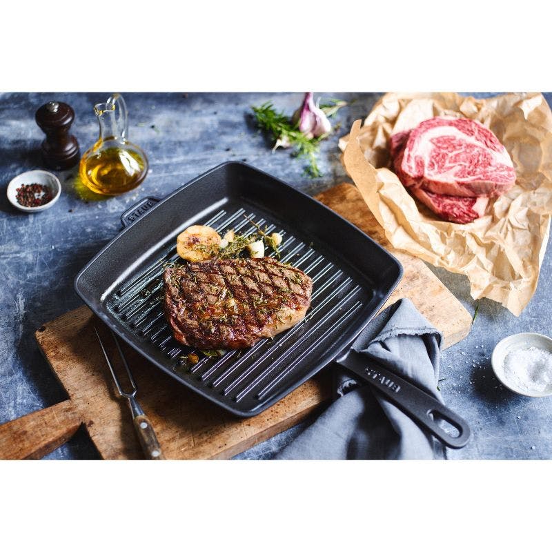 Matte Black 12" Square Cast Iron Grill Pan - Induction Ready