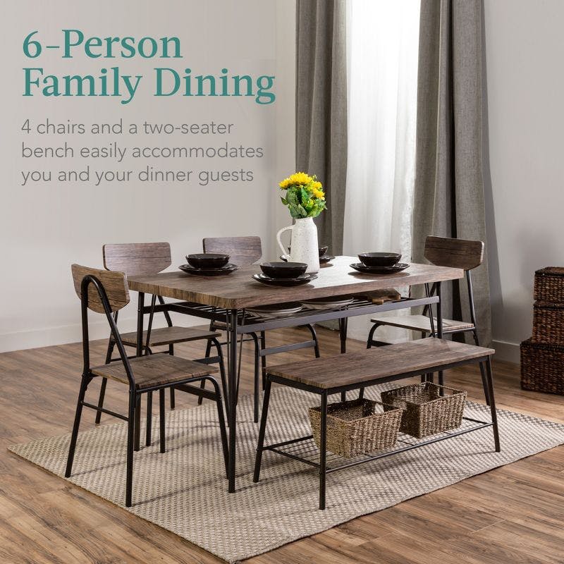 Modern 6-Piece Dining Set with Storage Racks, Bench, and Chairs - Brown