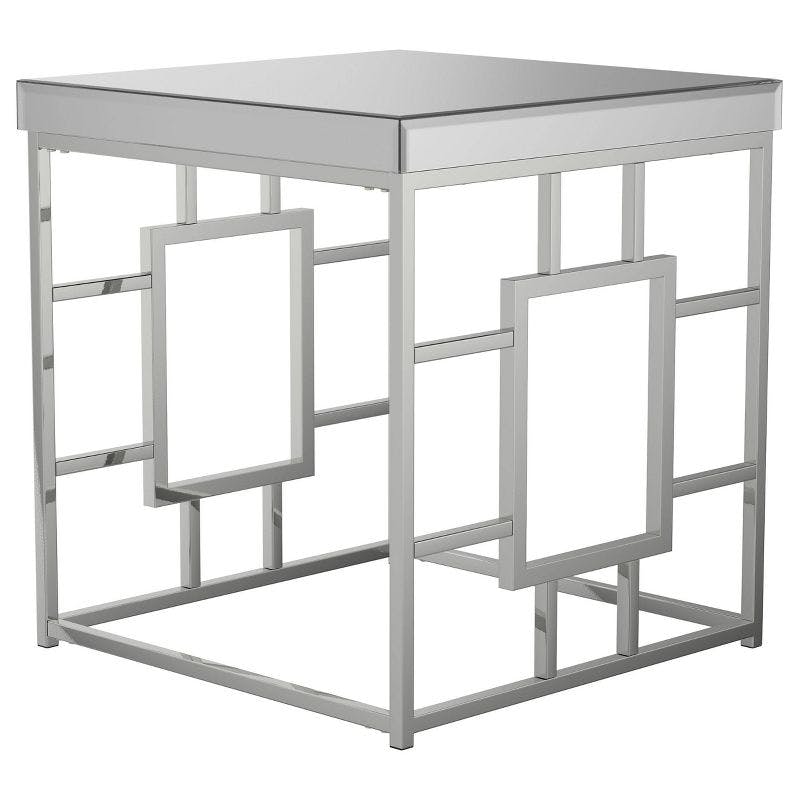 Modern Geometric Square End Table with Mirrored Top in Chrome