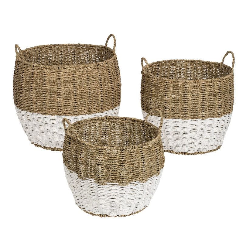 Coastal Charm 3-Piece Round Seagrass Storage Basket Set in Natural & White