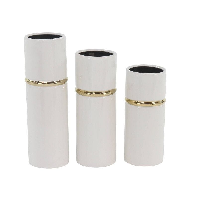 Elegant Trio of White and Gold Ceramic Vases - 12", 14", 16" Height