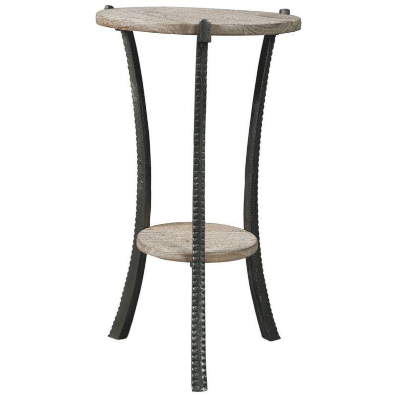 Transitional Beige and Black Round Wood and Metal Side Table