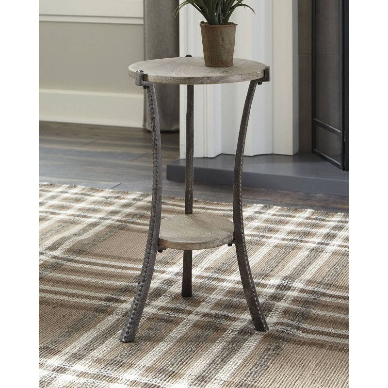 Transitional Beige and Black Round Wood and Metal Side Table