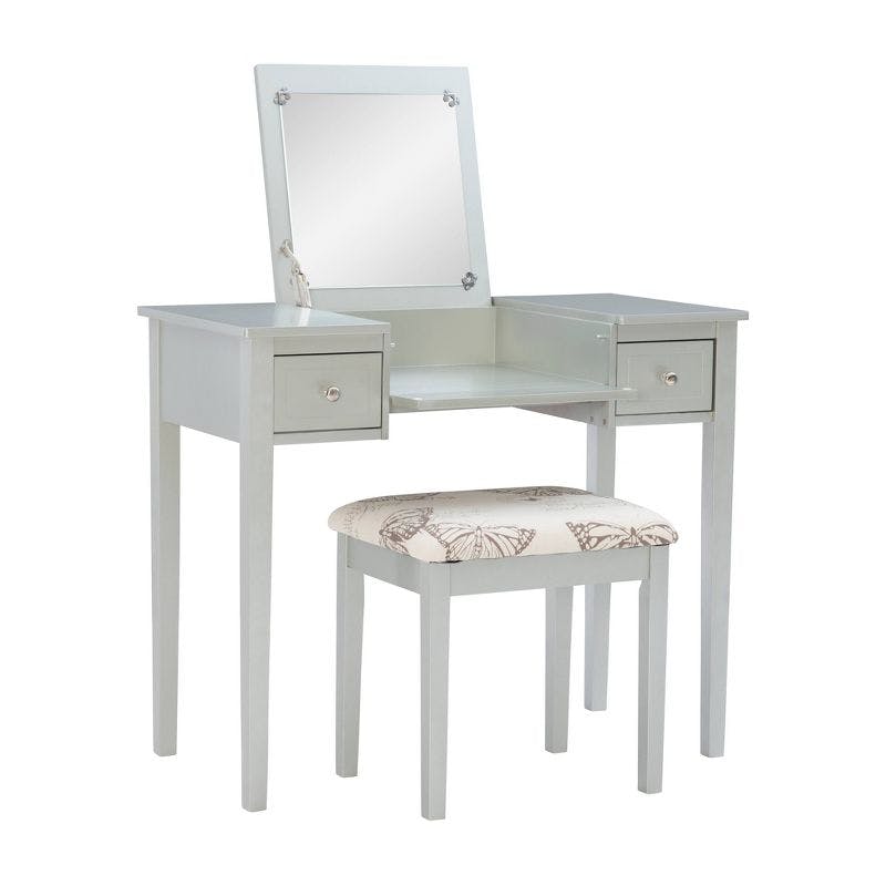 Silver Butterfly 39" Vanity Set with Padded Stool and Flip Top Mirror