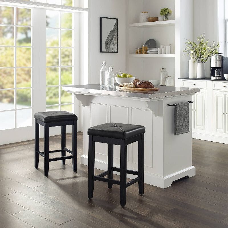 Elegant Julia White and Black Kitchen Island Set with Stainless Steel Top and Upholstered Stools
