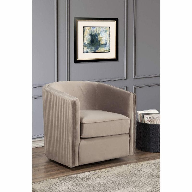 Transitional Gray Velour Swivel Accent Chair with Acacia Wood Frame