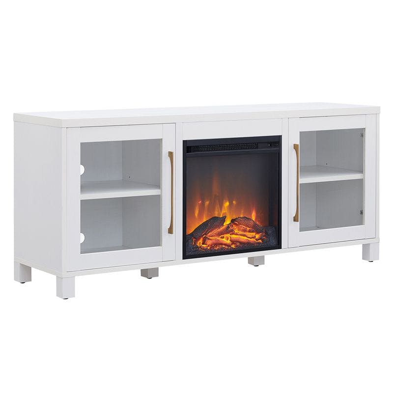 Elegant White 58" TV Stand with Integrated Fireplace and Storage Cabinets