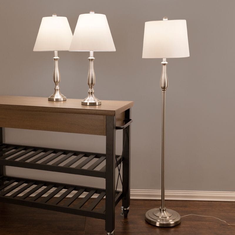 Sleek Brushed Steel 3-Piece Table and Floor Lamp Set, White