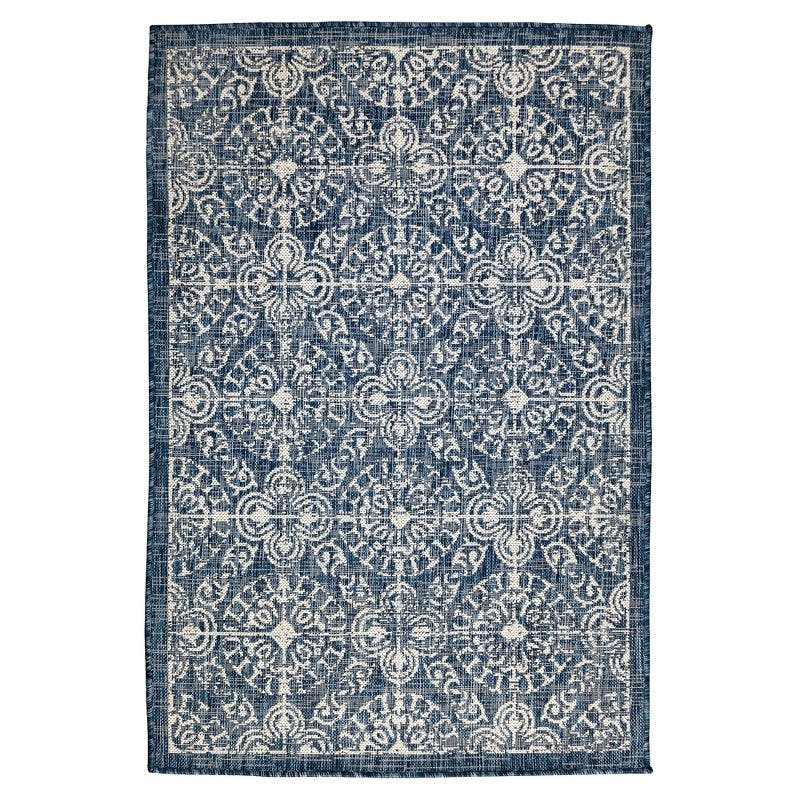 Antique Medallion Square Outdoor Rug in Navy and White