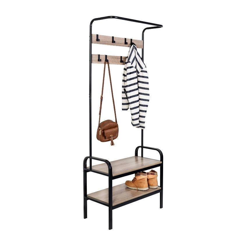 Willow Gray Stackable Metal Entryway Bench with Coat Hooks & Shoe Storage