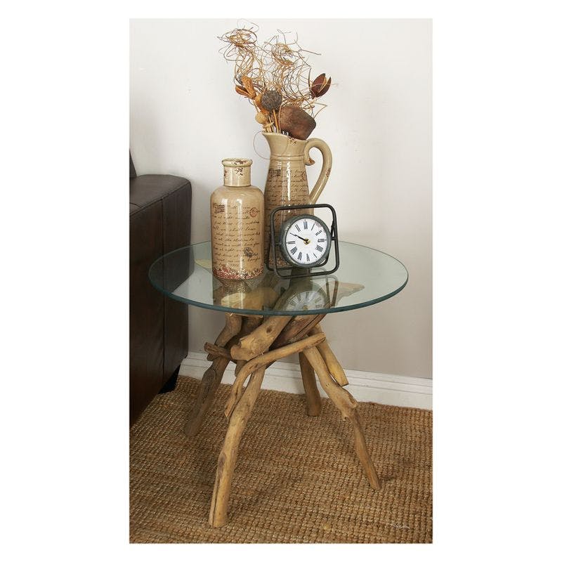 Driftwood Round Glass-Top End Table, 21" x 19"