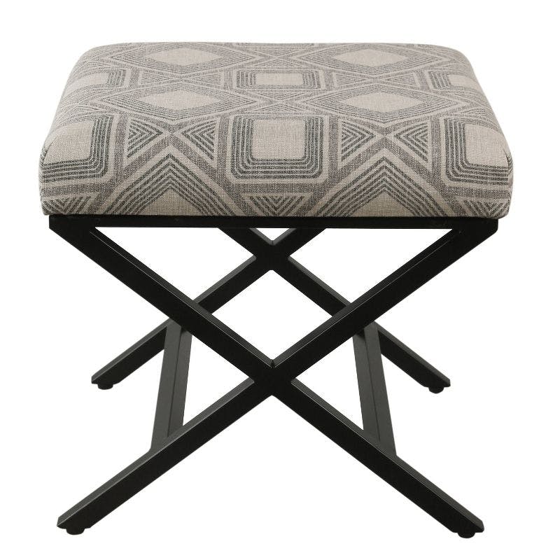 Charcoal Square Geometric Tufted Footstool with Metal X Base