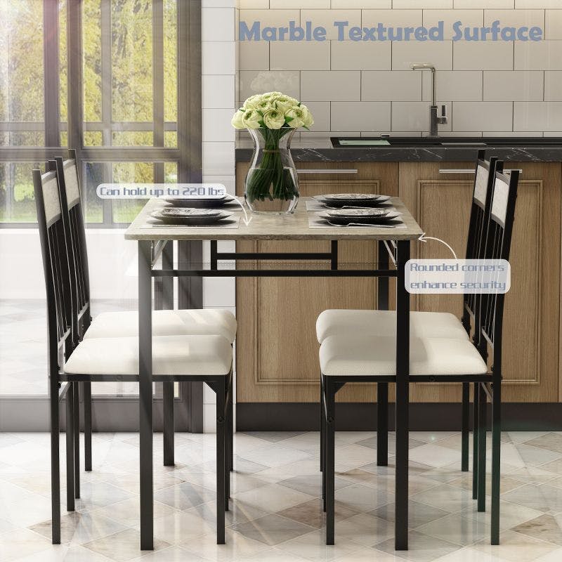 Modern 42" Rectangular Faux Marble Dining Set with 4 Grey Upholstered Chairs