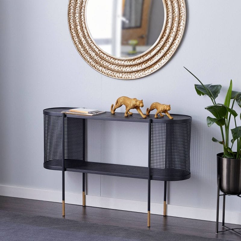 Linden 47" Black Metal Mesh Console Table with Shelf