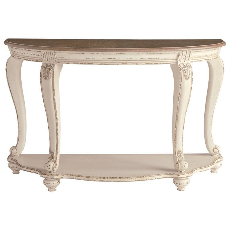 Realyn Demilune Sofa Table with Storage in Distressed White/Brown