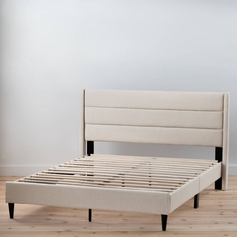 Amelia Queen White Upholstered Platform Bed with Horizontal Channels